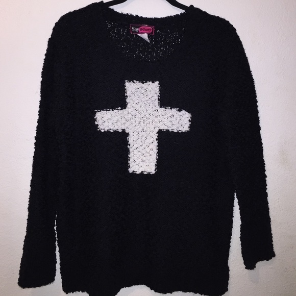 Say What? Sweaters - Black Boucle Sweater Goth Cross Industrial M